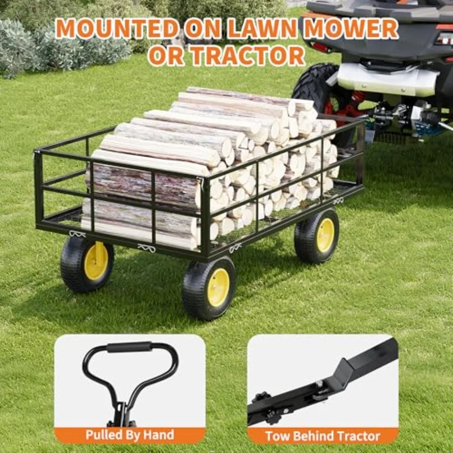 Heavy Duty Steel Garden Cart for Yard, Lawn, Patio, Farm Construction 1200 Lbs Capacity, 3-in-1 Utility Wagon with Removable Si