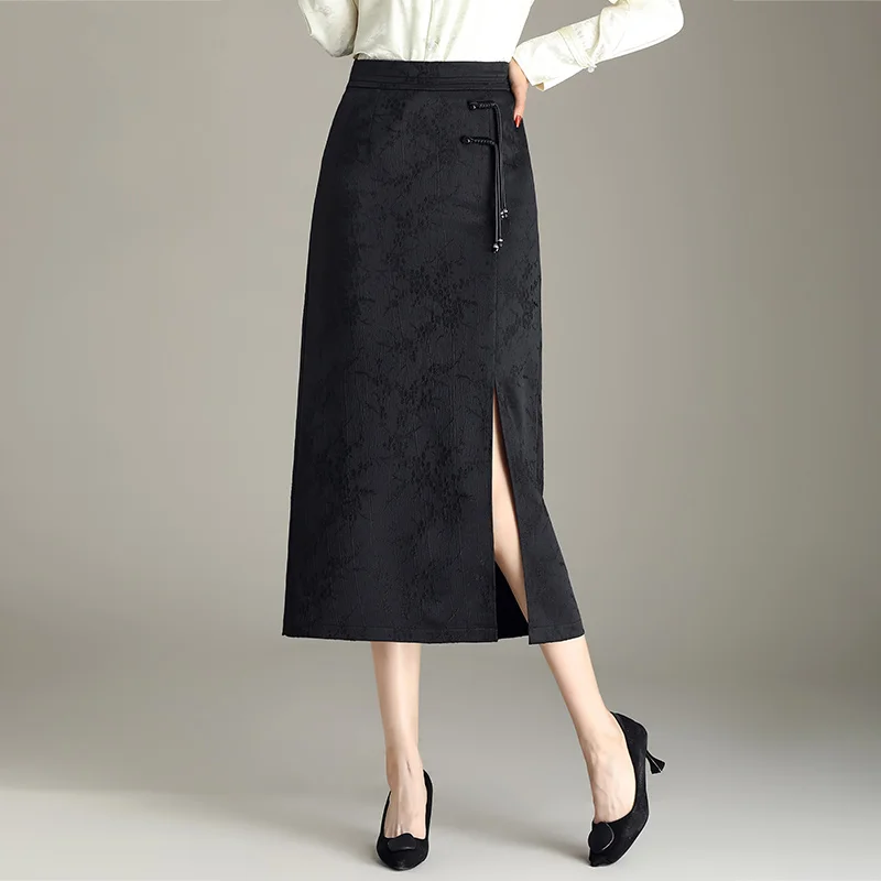 

Fall Winter Black Jacquard Women's A-Line Skirt Stretch Back Waist Fashionable Breathable S-3XL Size Ladies Mid-Calf Skirt