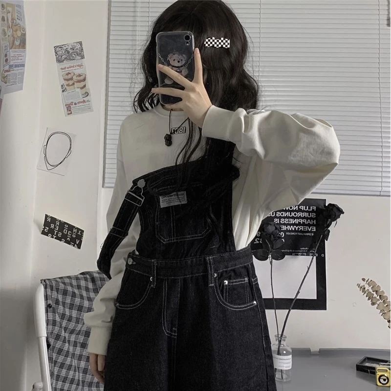 

Womens Black Vintage Suspender Jeans Fashion Pocket Baggy Straight Pants Streetwear Casual Wide Leg Denim Trouser Ladies Summer