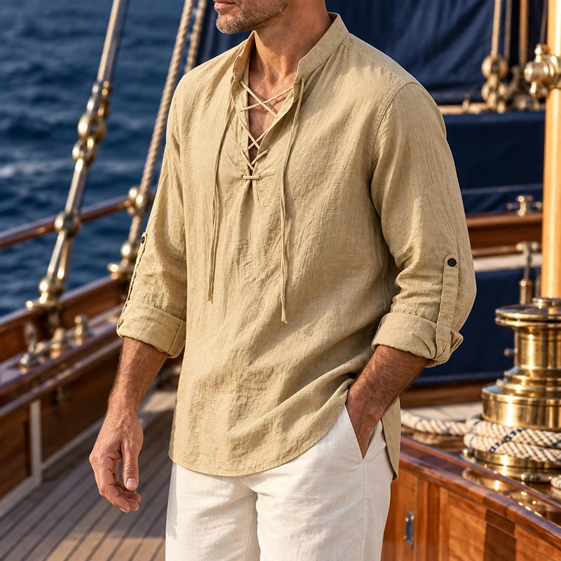 Men's Linen Lace Up Shirt Long Sleeve V Neck Loose Fit Lightweight Casual Beach Summer Tunic Top Resort Holiday Wear