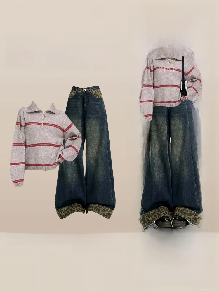 

College Sle Striped Knitted Sweater Leopard Print Patchwork Wide Leg Jeans Winter Faionable Maturi Set Women's Ensemble