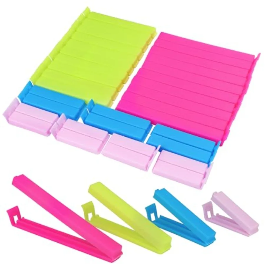 34 Pack Plastic Chip Clips - Resealable Sealing Clips for Food Storage and Snack Bags - 4 Sizes, Bright Colors - 2.4"/3.2"/4.3"