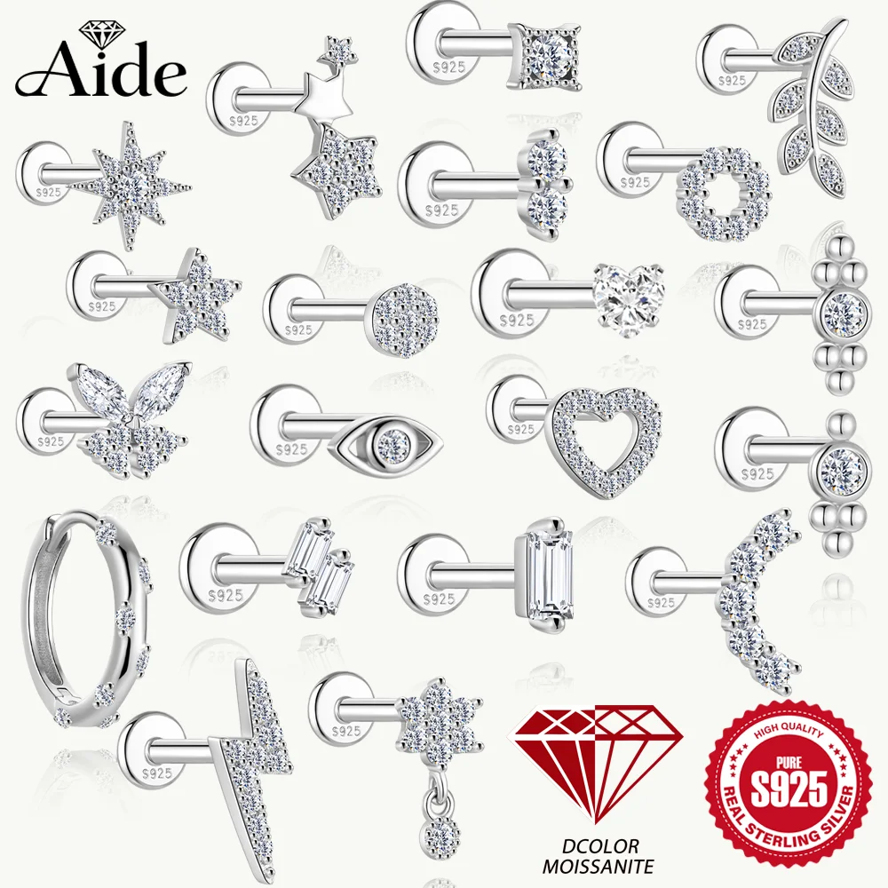 

AIDE Moissanite 925 Sterling Silver Geometric/Star/Lightning Stud Piercing Earrings for Women Mini 16G Gold Stud Internal Thread