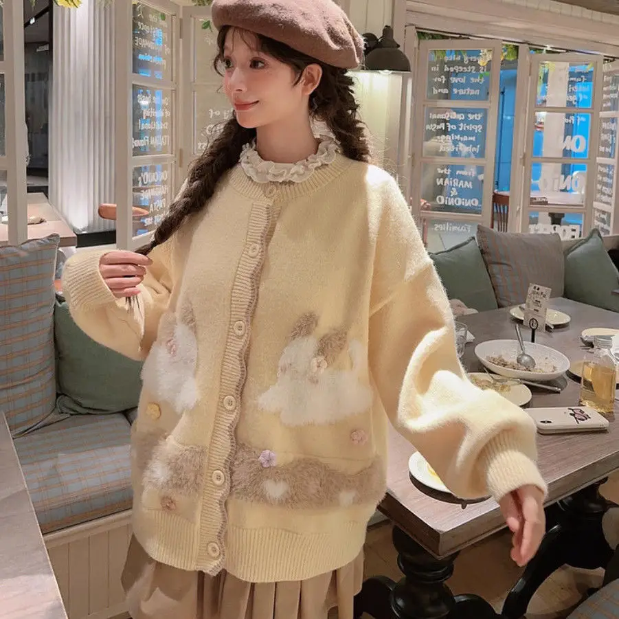 

Sweet Style Embroidered Cardigan 2025 Autumn Winter Cartoon Knit Sweater Coquette Aesthetic Versatile Womens Fashion