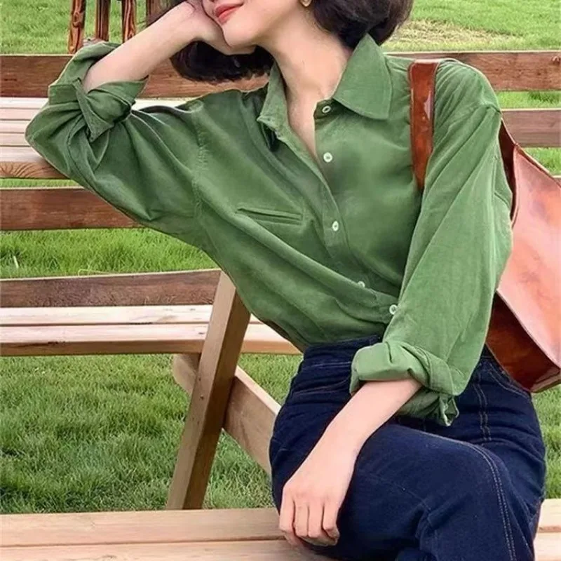 Retro Shirts Women Spring Autumn Corduroy Simple Literature Art Solid Loose Long Sleeve Clothing Commuting Casual Outerwear Chic