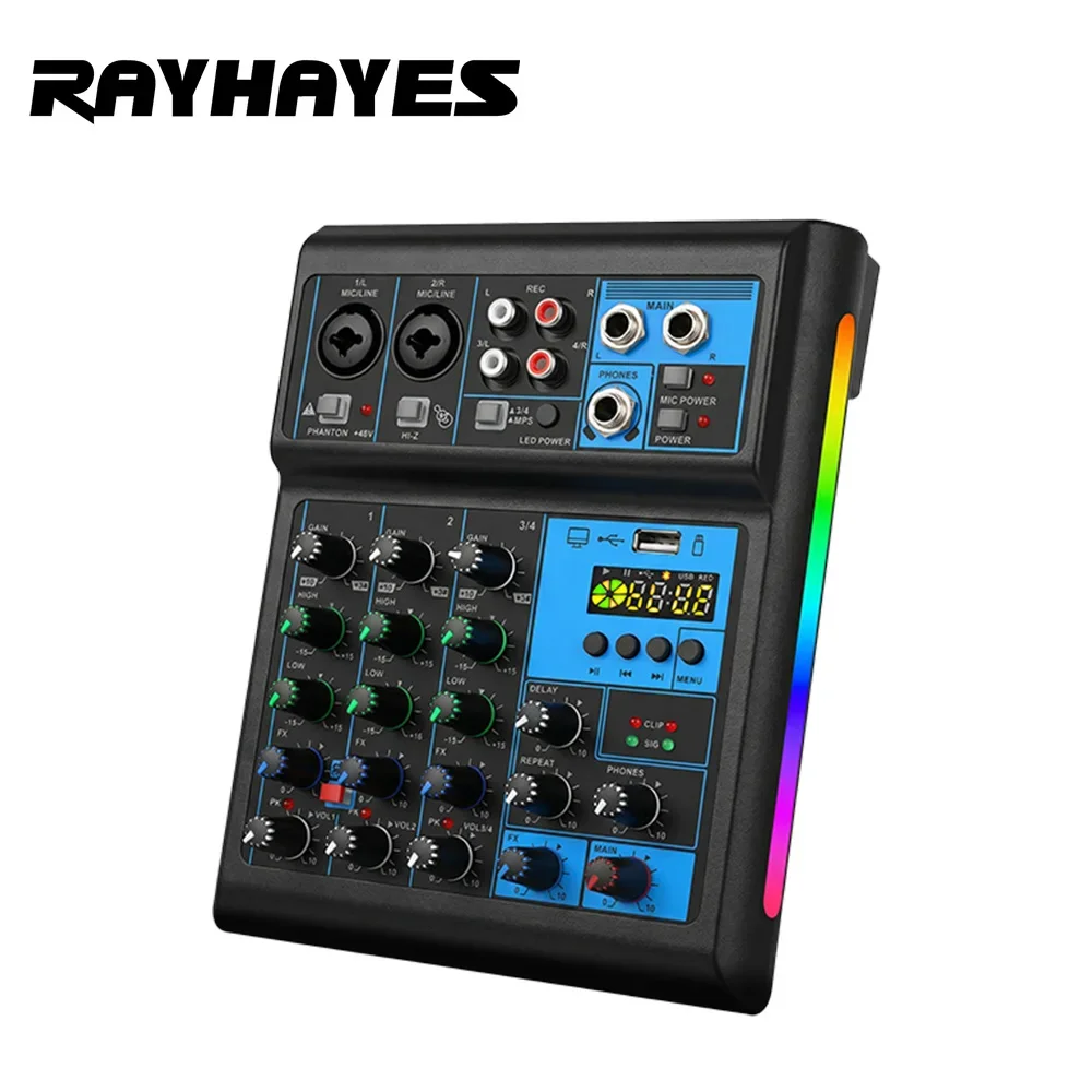 RAYHAYES RMIX-8 Professional 4-Channel Audio Mixer DSP intelligent optimization protects sound quality RGB lighting effects