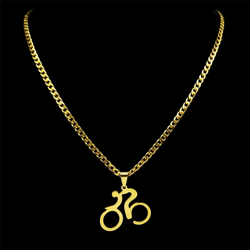 Trendy Bike Cycling Pendant Necklace for Women Men Stainless Steel Gold Color Bicycle Sports Necklaces Jewelry collar N680S06