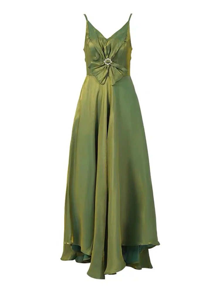 Summer Satin Sparkly Green Vacation Evening Dress Women Clothes Bow Sexy Sling V-Neck Slim A-Line Maxi Robe Party Prom Vestidos