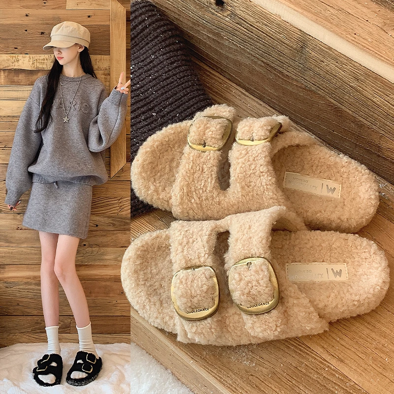 2026 New Women's Fluffy Slippers Thick-Soled with Double Buckle and Wool Lining Versatile Home Lazy Shoes Cotton Slippers 35-40