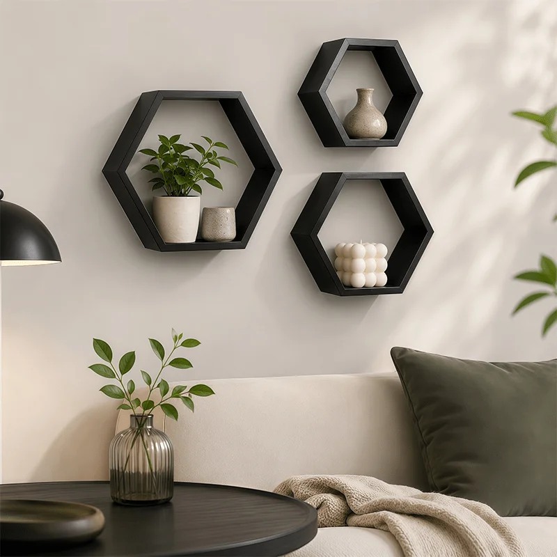 Wooden Hexagon Floating Shelves Set of 3, Honeycomb Wall Shelves for Living Room Decor, Rustic Farmhouse Geometric Display Rack for Plants, Photos, and Collectibles