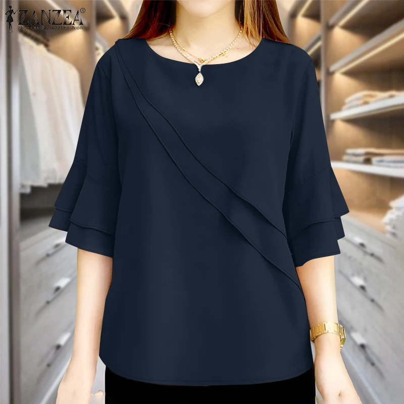 Eleganckie bluzki damskie ZANZEA do pracy biurowej, modne koszule z krótkim rękawem na lato 2025, codzienne bluzki z okrągłym dekoltem, luźne tuniki, topy damskie.