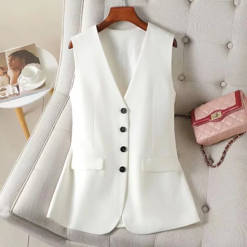 2024 New Women's Vest Jacket Fashion Sleeveless Buttons Blazer Vests Coat Korean Office Lady Femme Waistcoat Tops Plus Size