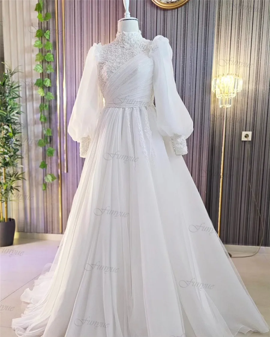 Funyue-Vestidos De Novia musulmanes De cuello alto, Vestidos De Novia 2024, corte en A, encaje De Organza con cuentas, mangas abullonadas, Vestidos De Novia