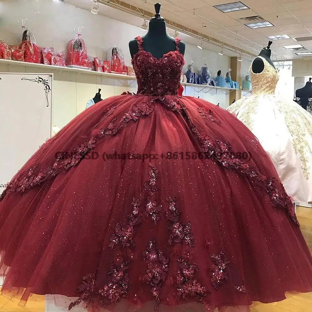 Quinceanera Burgundy Vestidos De Ball Dress Floral Applique Lace Beaded Sapghetti Sweeheart Lace-up Princess Sweet 15 16 Dresses