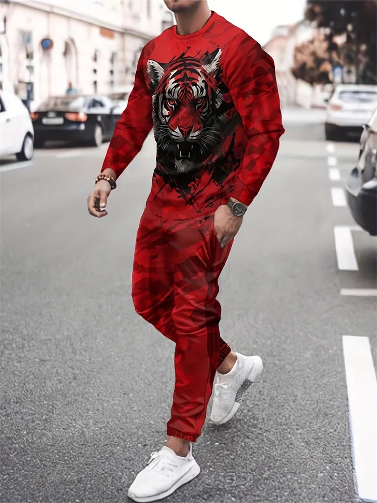 Two-piece 3D Tiger Print Men\'s Suit Spring And Autumn Men\'s Daily Casual Long-sleeved T-shirt Street Fashion Men\'s Pants