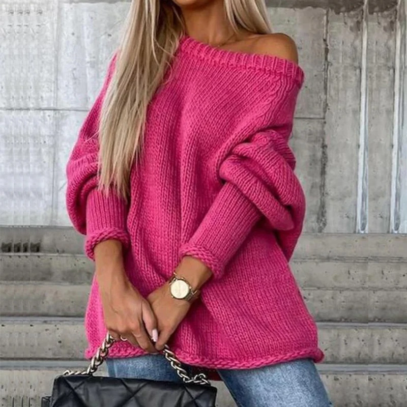 

Simple Solid Loose O Neck Sweater Autumn Winter Thick Long Sleeved Knitted Sweater Top 2024 Casual Off Shoulder Women's Sweater