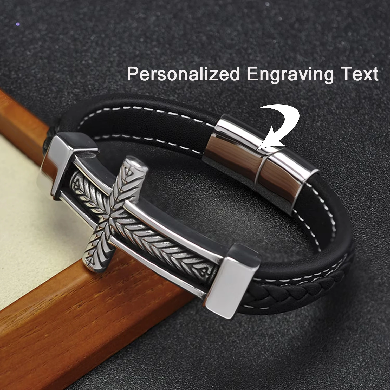 

Custom Name Engrave Punk Cross Design Braided Leather Bracelet Vintage Stainless Steel Cross Bracelet for Men Christmas Gifts