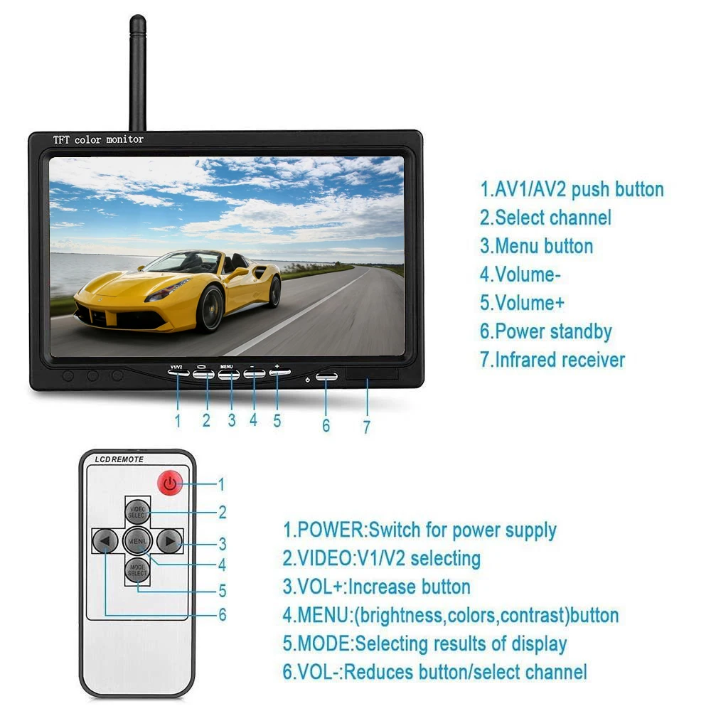 Bileeko Vehicle Wireless Reverse Camera 7 inch LCD Monitor For Trucks Bus RV Trailer 12V-24V Rear View Camera