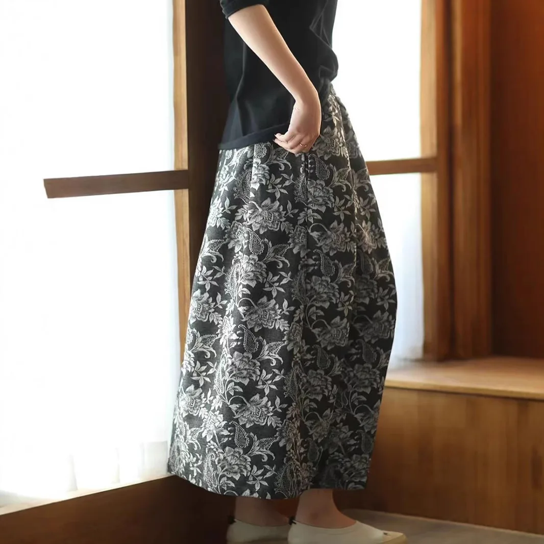Spring Fashion Vintage Dress for Women Good Quality 80% Linen Flower Jacquard Embroidery Elegant A-line Skirt Female Clothes