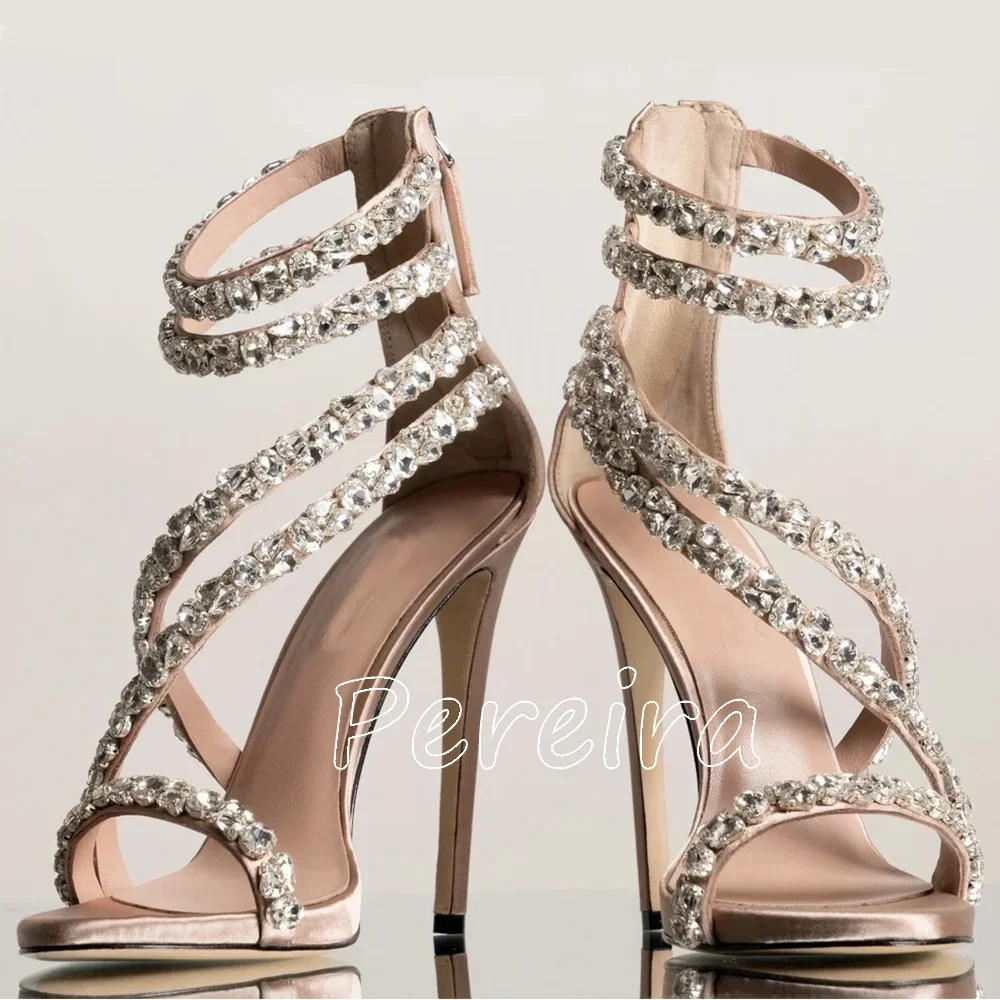 Black Rhinestone Zip Back Sandals Women\'s New Arrival Summer Round Toe Thin High Heel Solid Fashion Luxury Party Dress Shoes