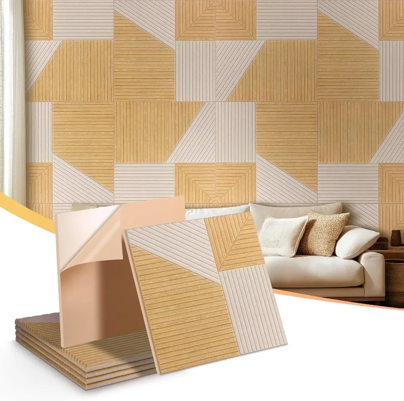 3Pcs polyester fiber 3D sound-absorbing board, acoustic wall board, self-adhesive wood grain, material for sound-absorbing board