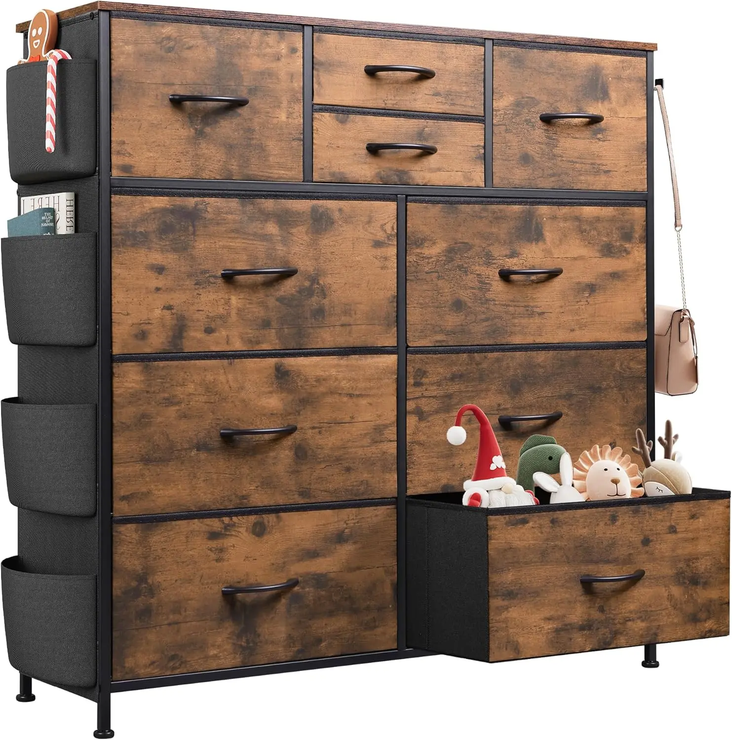 

Fabric Dresser for Bedroom with 10 Drawers, Chest of Drawers with Side Pockets and Hooks, Sturdy Metal Frame, Drawers Organiz