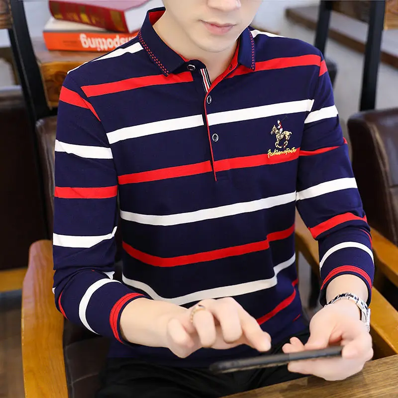 2023 Business Casual Polo-Neck Striped T-shirt for Men Fashion All-match Long Sleeve Pullovers Tops Spring Autumn Male Clothes