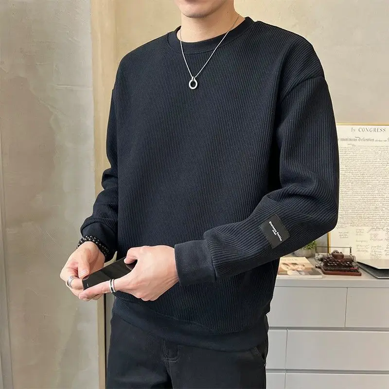 Mens Casual Sweatshirts Loose Fashion Dropped Shoulder Sleeves Underlay Tops High Quality Korean Heavy Solid O Neck Pullovers