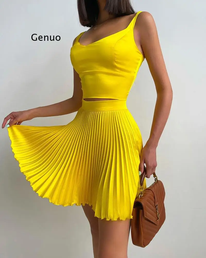 

Summer Sexy Square Neck Solid Corset Crop Top & A Line Pleated Skirt Sets Women Dresses Two Pieces Suits Holiday Clothes