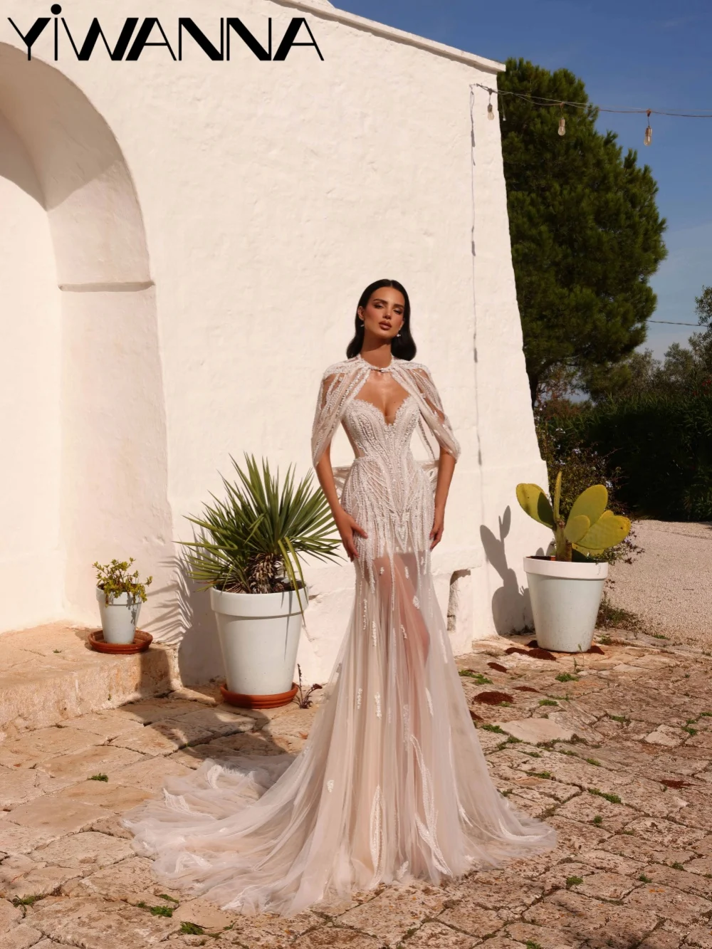 Glamorous Beaded Illusion Wedding Dress With Cape Romantic Floor-length Mermaid Bridal Gown New Customzied Dresses For Bride