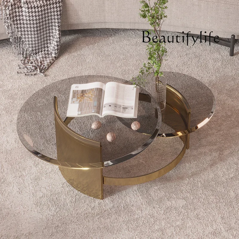 

журнальный столик Italian-Style Light Luxury Stainless Steel round Combination Tea Table Designer Living Room Tempered Glass Tea