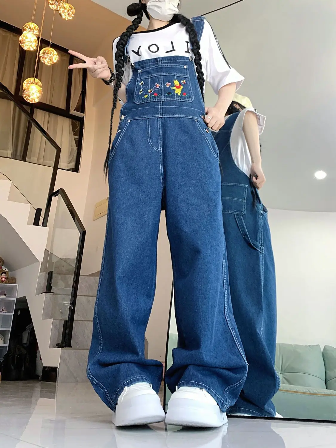 Hosenträger Hosen niedliche Stickerei hohe Taille Frauen Vintage 2024 Sommer neue lose gerade Streetwear Jeans Overall