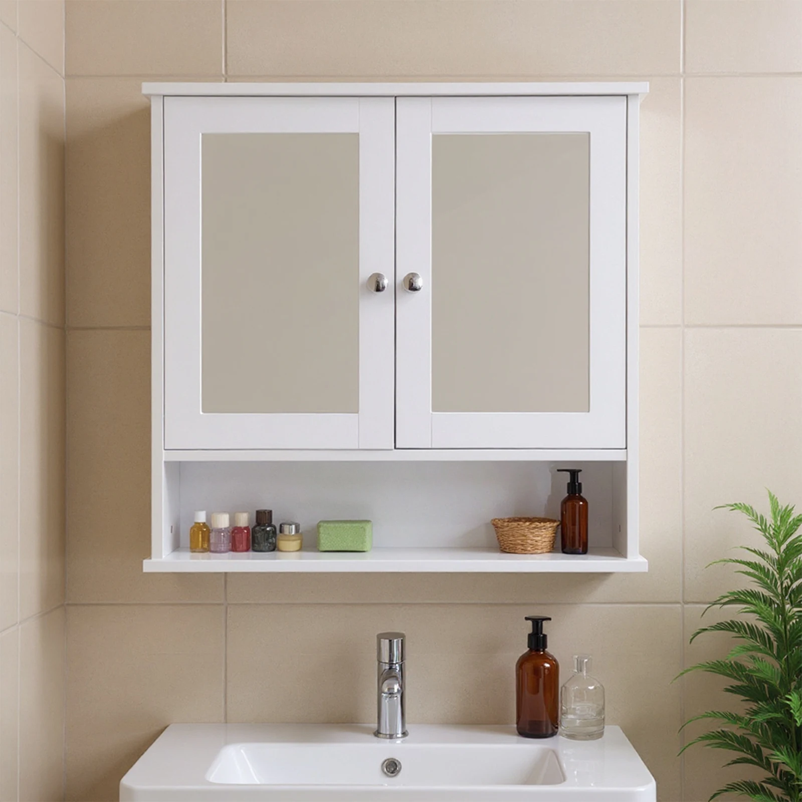 

Wall Mounted Mirror Cabinet Waterproof Open Compartment Organizer Wear Resist Simple Toilet Wall Cabinet for Towel Shower Gel