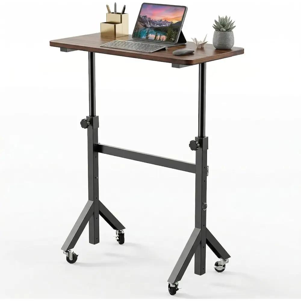 

32 Compact Adjustable Height Standing Desk, Mobile Rolling Desk with Wheels, Portable Laptop Desk for Home Office, Walnut