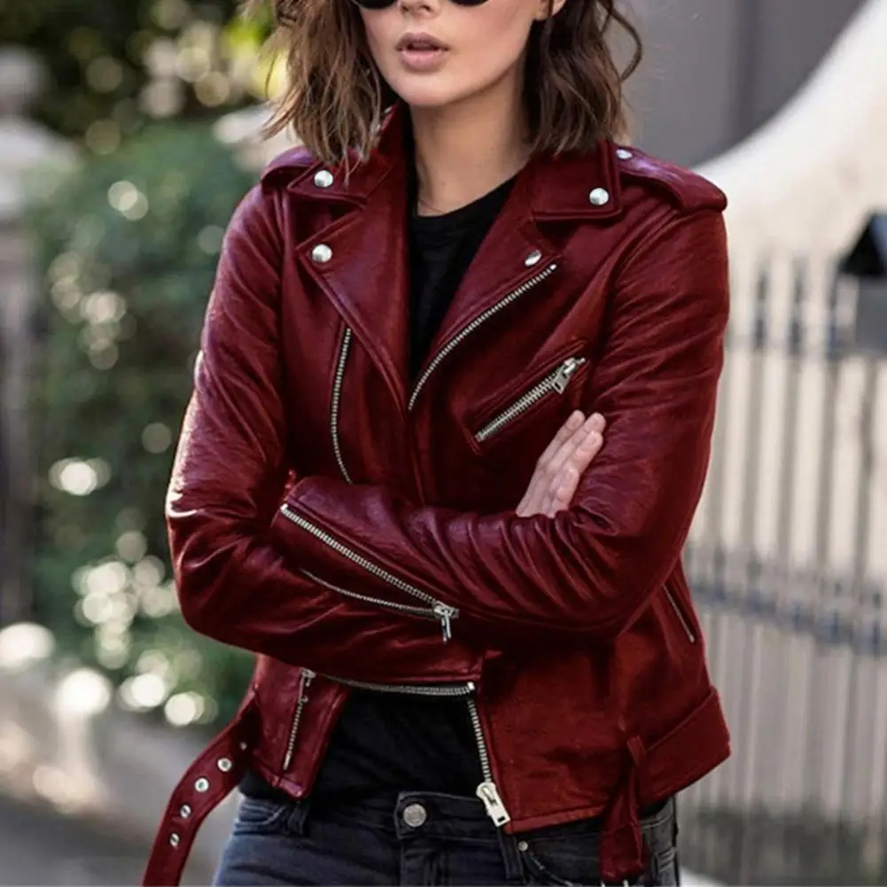 Куртка женская мотоциклетная однотонная на молнии с длинным рукавом и поясом