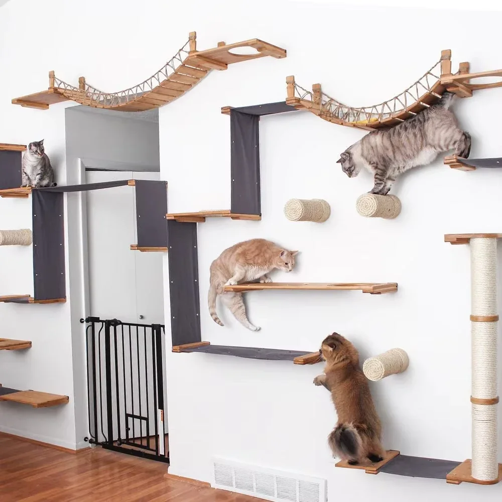 

Wood Cat Climbing Shelves Wall-Mounted Cat Tree Cats Bridge Sisal Scratching Post Hammock Kitten Training Toys Pet Furniture