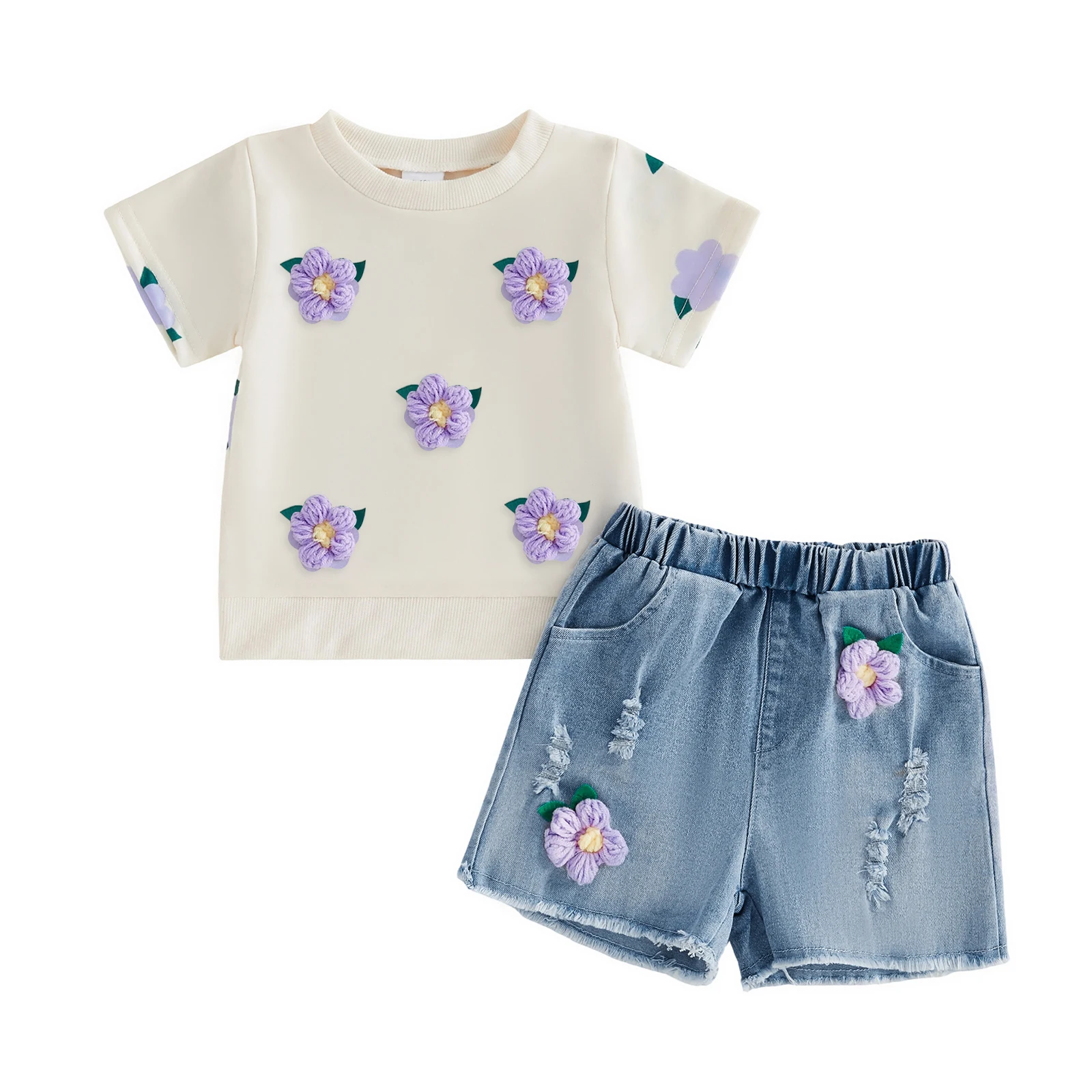 

Toddler Girls Summer Outfit 3D Flowers Short Sleeves T-Shirt and Elastic Ripped Denim Shorts Set 2 Piece Clothes