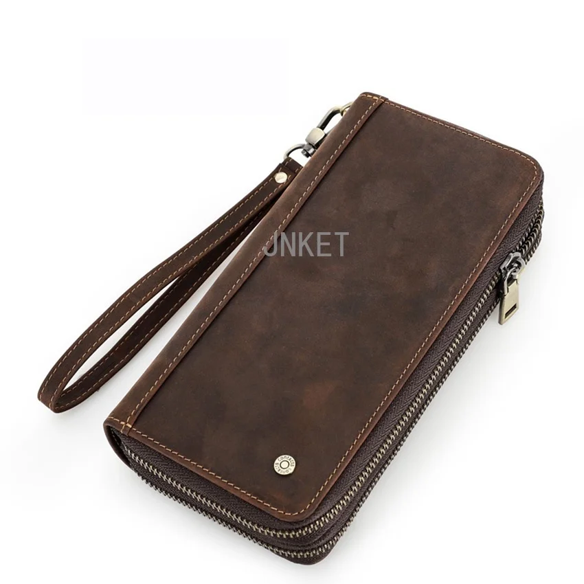 Retro Men's Cow Leather Wallet Long Double Zipper Clutch Wallet Money Clip Card Holder Wallet