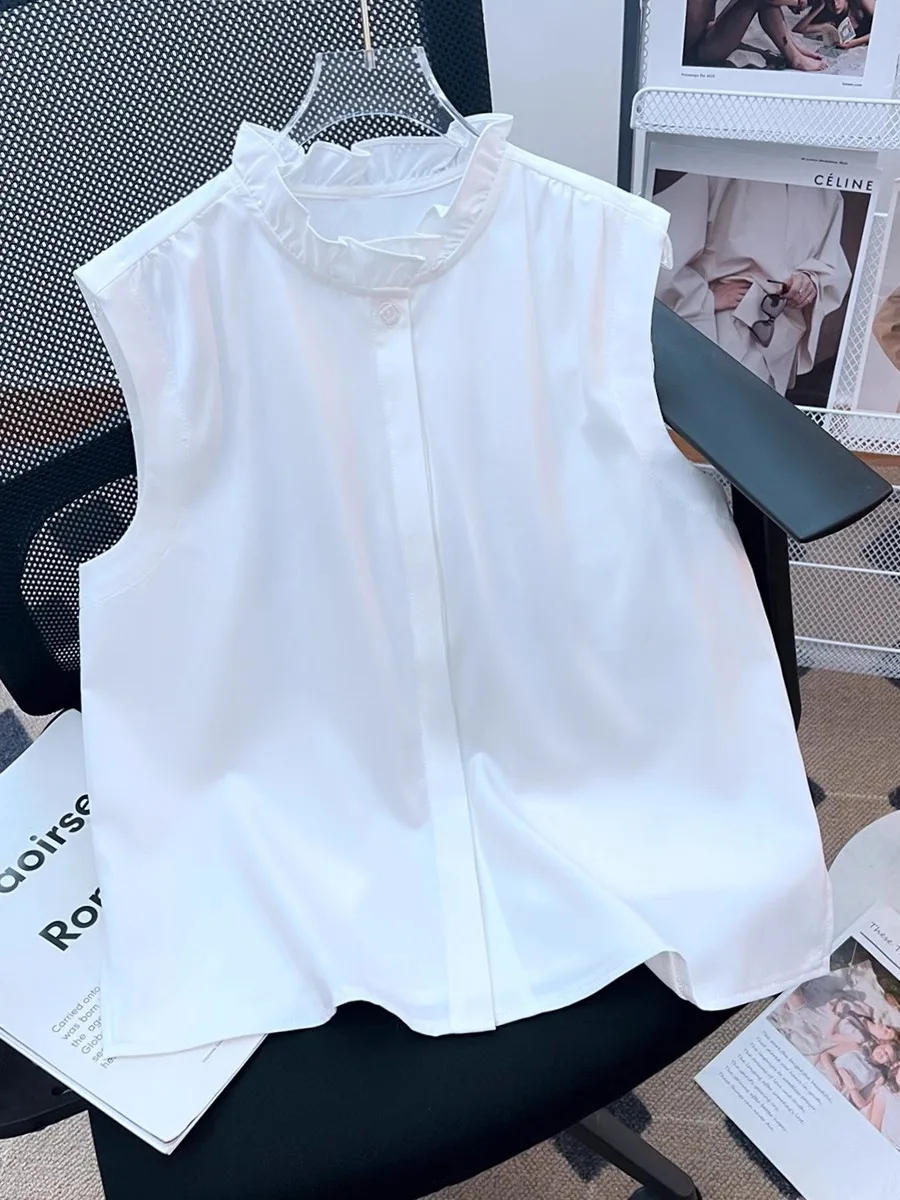 

Spring Autumn Lace Sleeveless Shirt Women's Base Layer Blouse Stand Collar Versatile Commute Style Loose Fit Pure Color