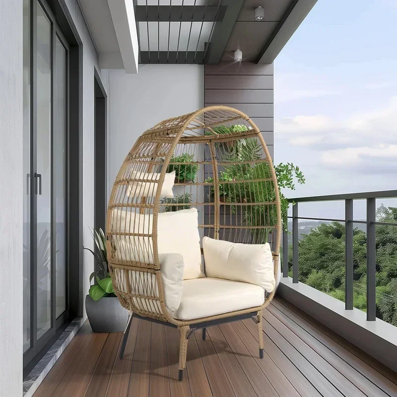 HHhot Sale Oversized Indoor Outdoor Lounger With Stand And Cushions - Beige Rattan With Cream Cushion