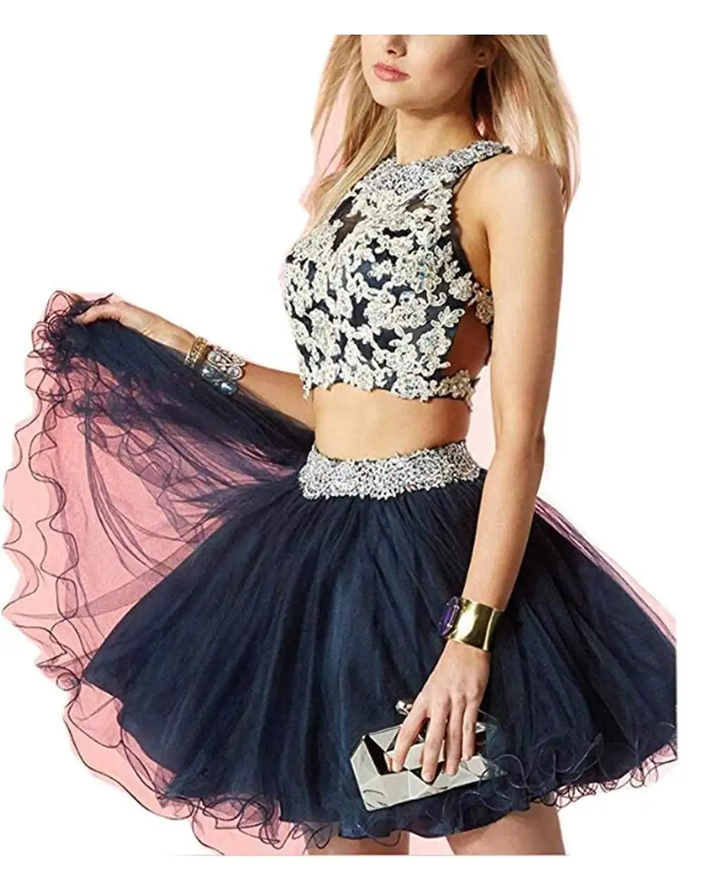 Abito da ritorno a casa in due pezzi Abiti da damigella d'onore corti con perline in tulle Abito da ballo con paillettes applicate in pizzo per donna