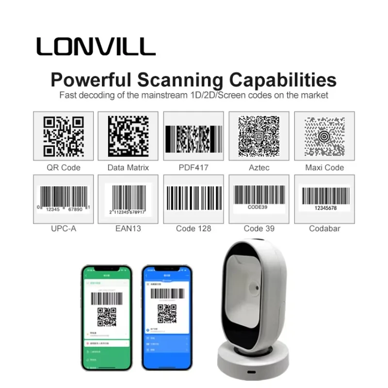 Escáner sem fio personalizado do código de barras do leitor de código QR de Wifi BT USB 2D para o supermercado