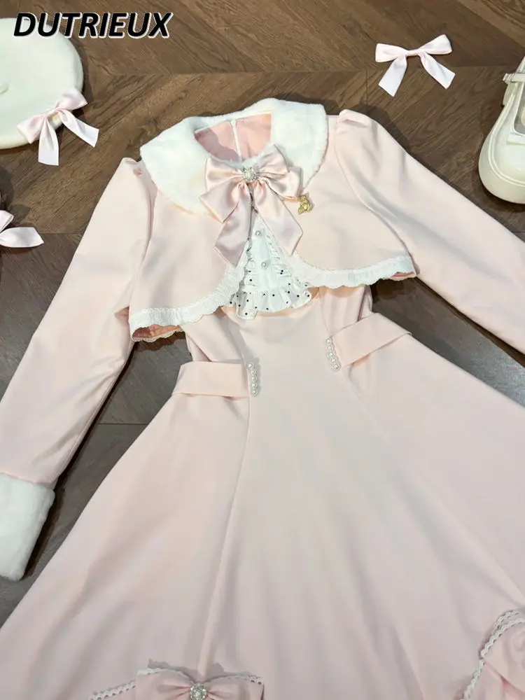 Manteau à manches longues et princesse Lolita pour filles mignonnes, avec nœud rose, amincissant, mi-long, nouvelle collection printemps et automne