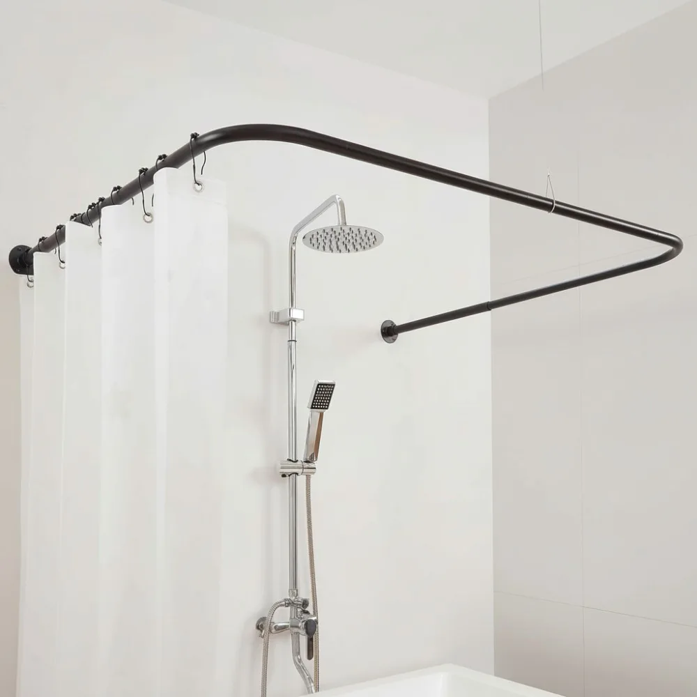 

Adjustable U-Shaped Shower Curtain Rod Corner Bathroom Bathtub with Hooks & Support - Matte Black