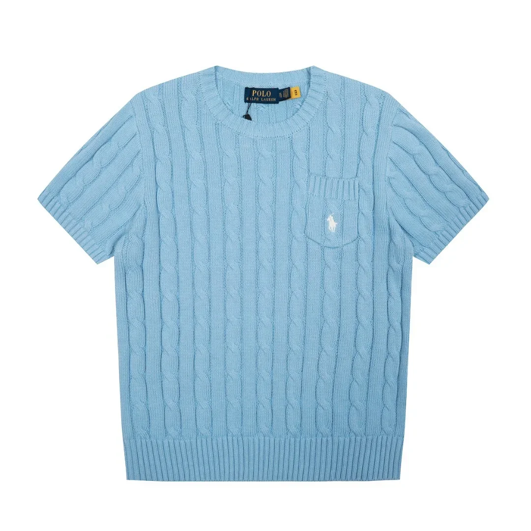 سترة محبوكة أنيقة بأكمام قصيرة مع جيب أمامي وتصميم تويست مطرز RL جديد 25SS بلوزة عصرية للنساء