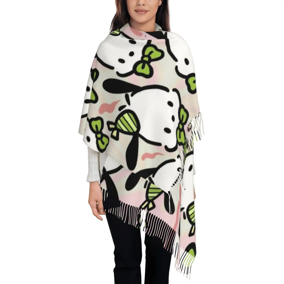 

Женские большие шарфы с героями мультфильмов Pochacco на заказ, женские зимне-осенние толстые теплые шаль с кисточками, шарф