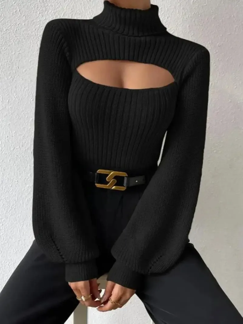 

2026 sexy spicy slim fit versatile high neck hollowed out knitted long sleeved women
