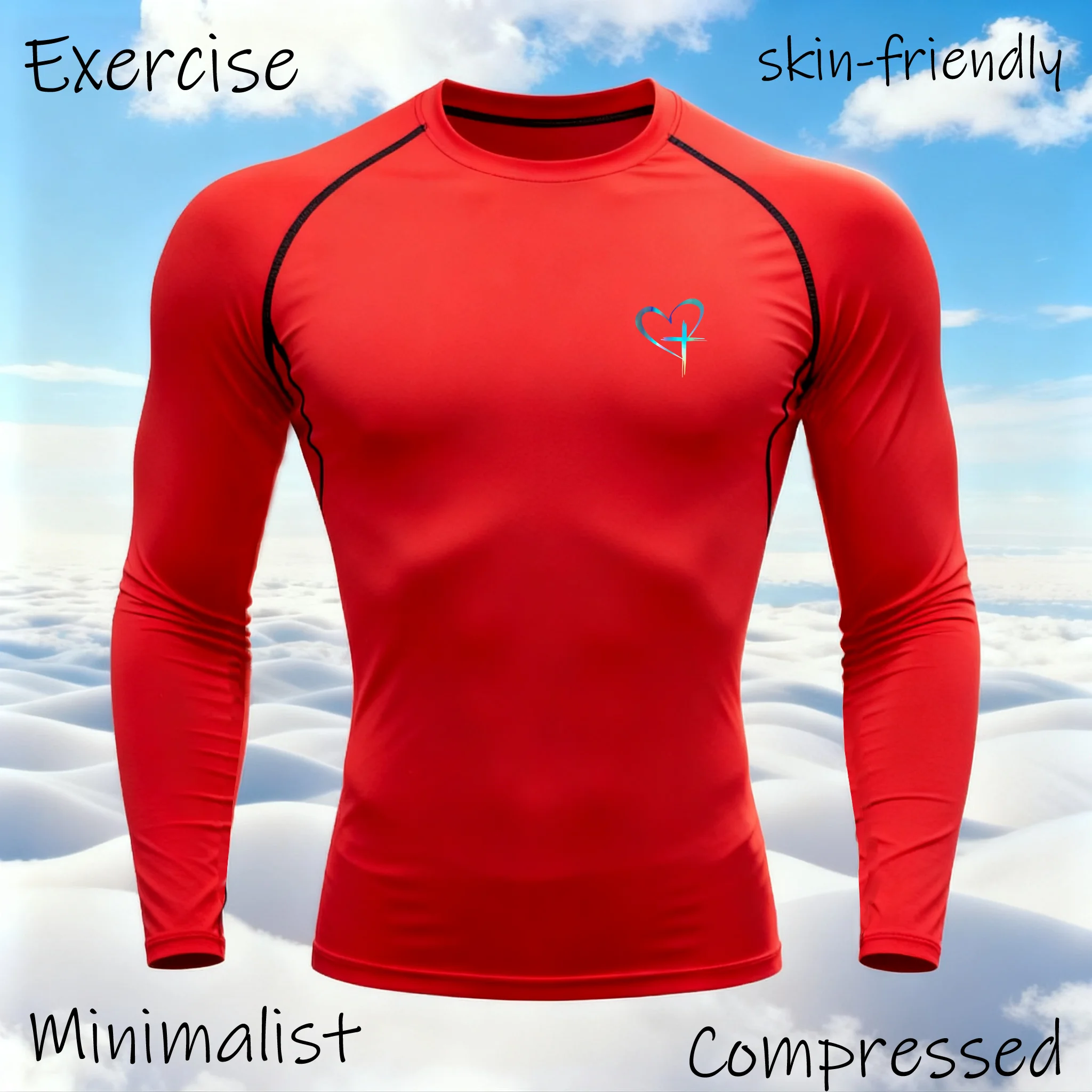 تي شيرت رياضي مطبوع عليه قلب سريع الجفاف لكمال الأجسام والجري قميص طويل الأكمام مضغوط قميص رياضي للرجال للياقة البدنية ضيق Rashgard