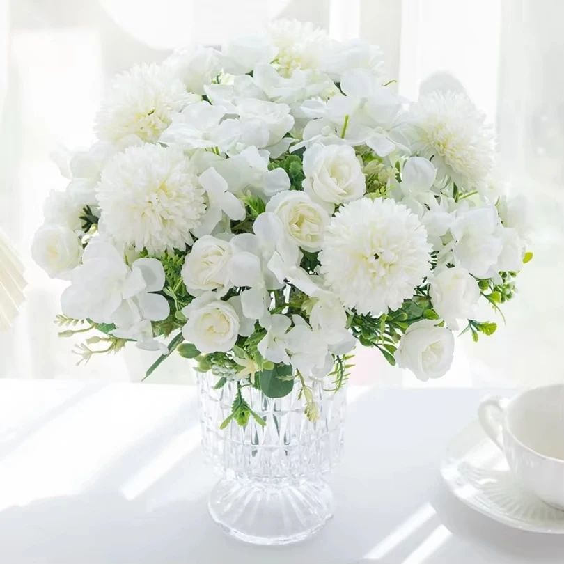Künstliche Rosen-Chrysanthemen-Seidenblumensträuße für Braut, Hochzeit, Garten, Hof, Dekoration, Zuhause, Valentinstag, Girlanden-Zubehör