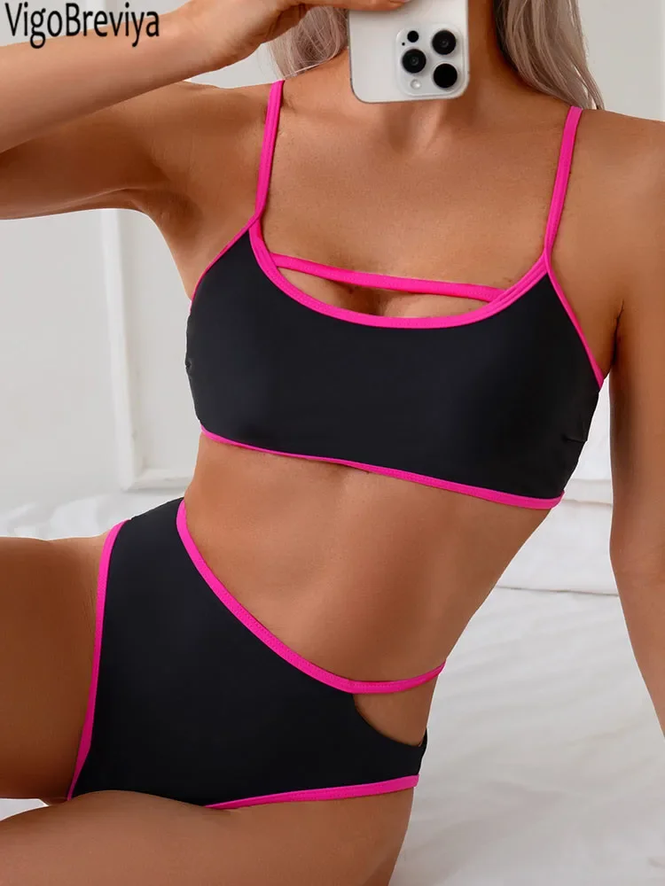 

VigoBreviya 2025 Sexy Solid Patchwork Swimwear Women Hollow Push Up Bikini Brazilian Lady Swimsuit High Waist Beach Bath Suit
